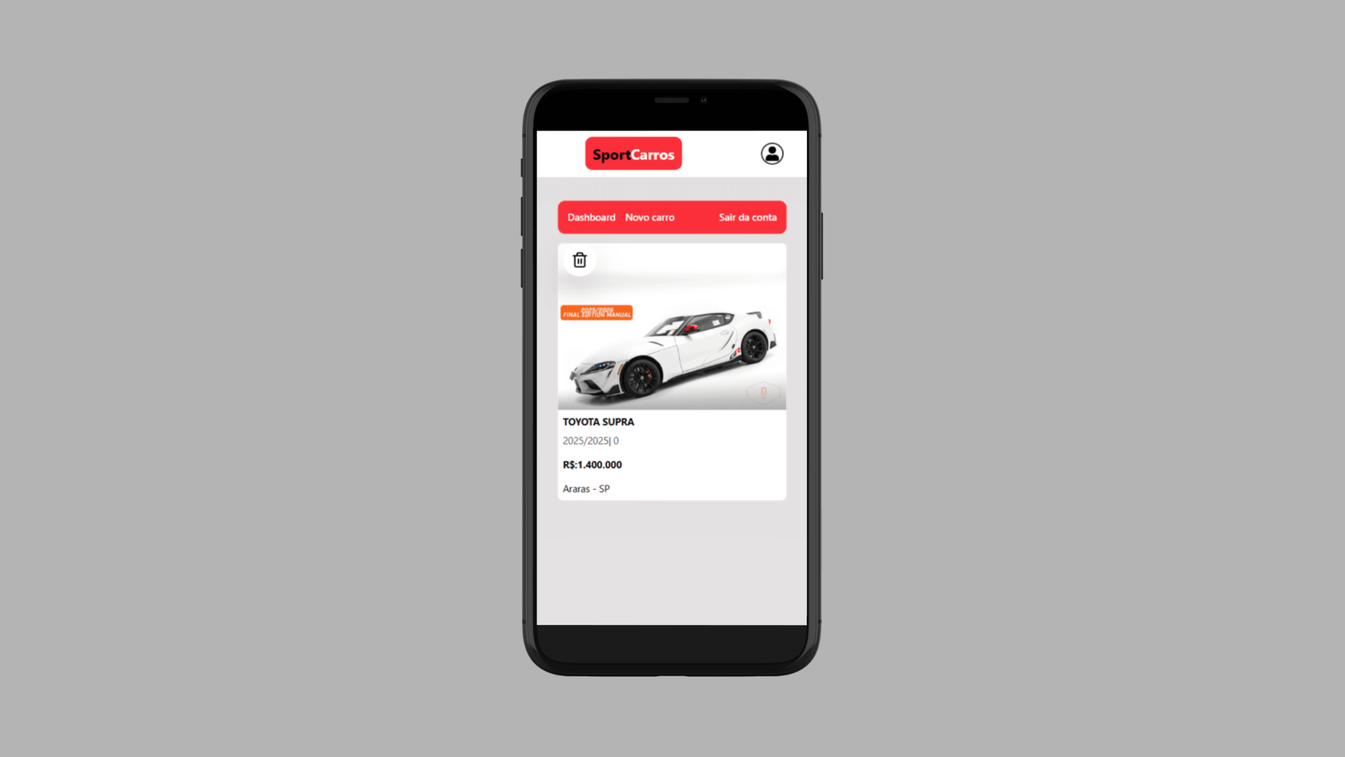 Tela do projeto SportCars - Marketplace