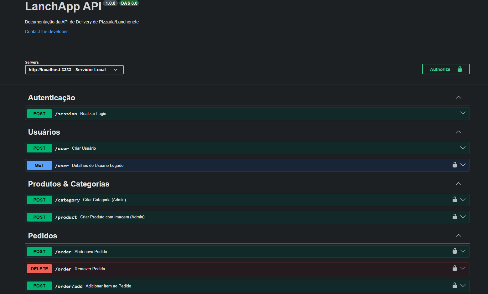 Tela do projeto Lanch App API